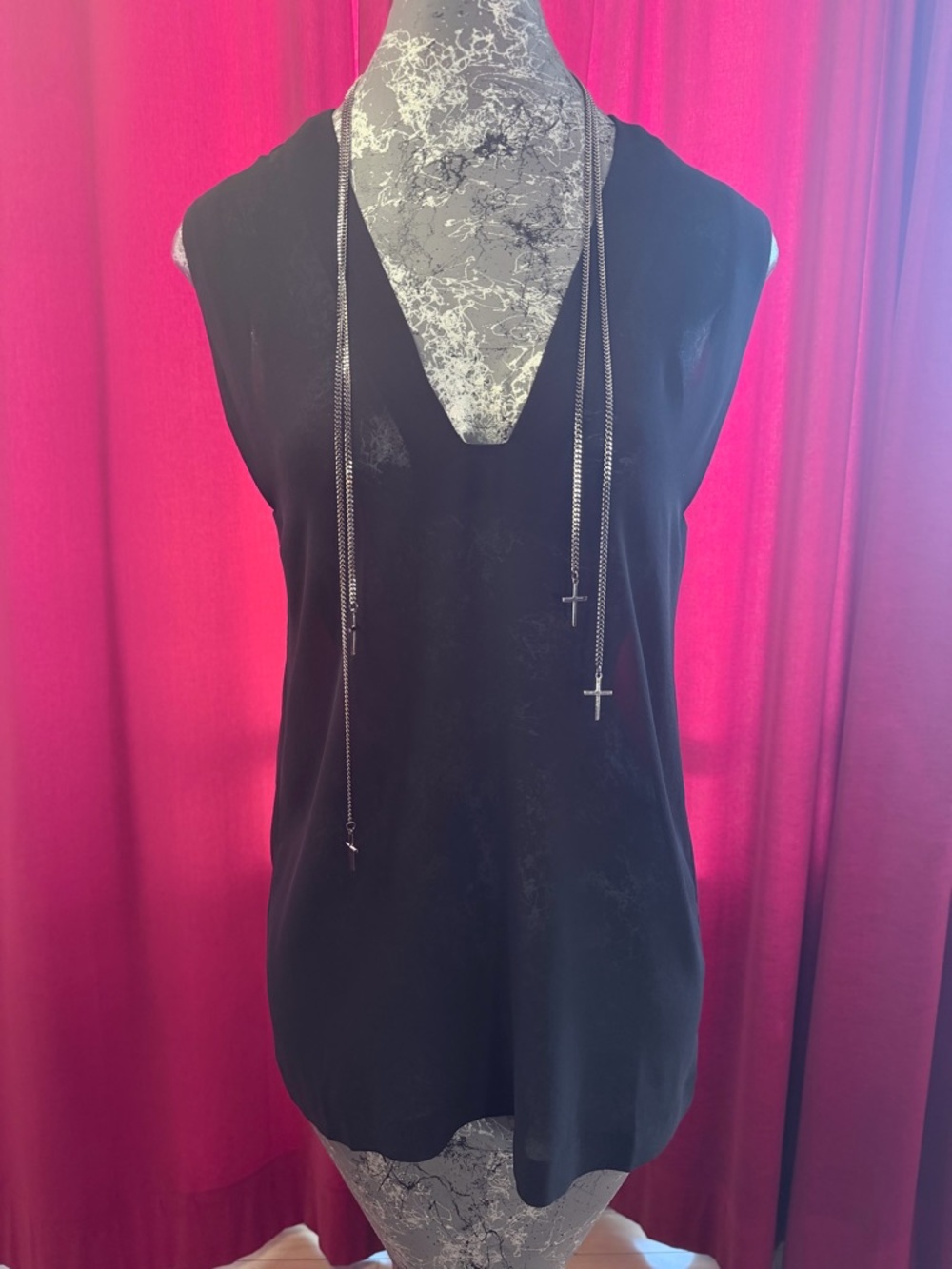 Thomas Wylde Black Silk V-Neck Top with detachable multi cross chains
